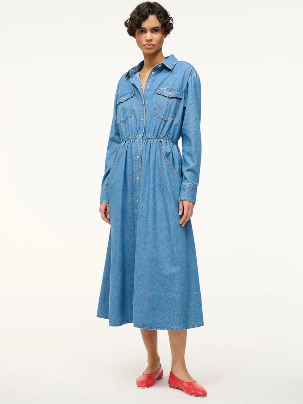 (GENTLY USED) Staud + Wrangler Button Down Denim Shirt Dress with Pockets Small